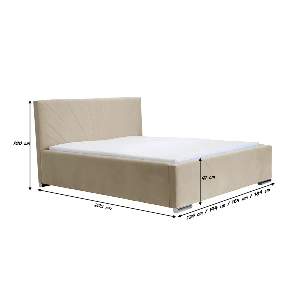 Łóżko tapicerowane z pojemnikiem i materacem LUKS - zdjęcie z wszystkimi wymiarami kopia